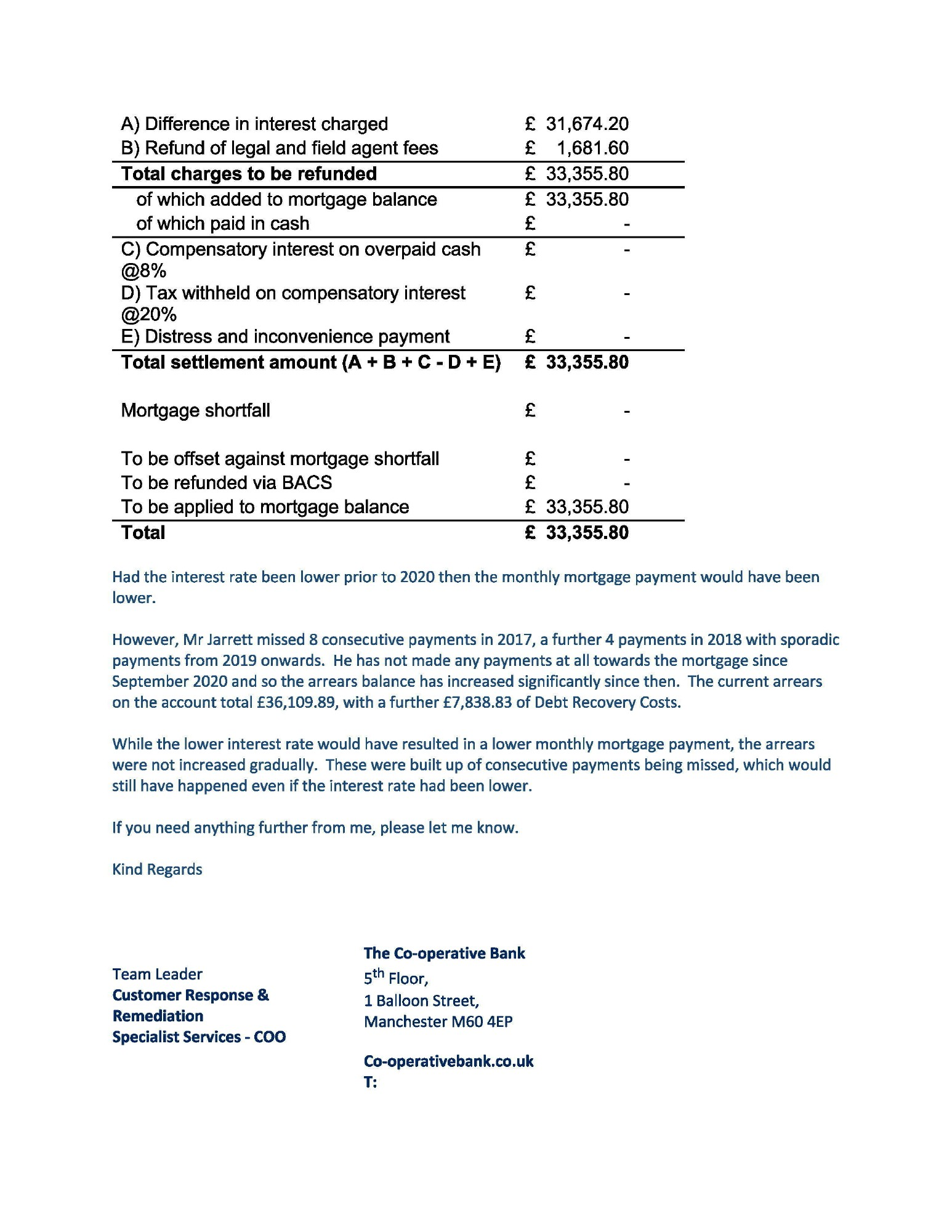 The Bank's redress total and explanation about missed payments