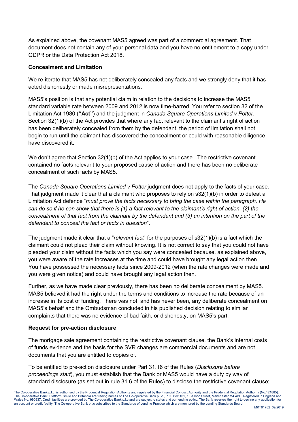 Second page of the Bank's 25 July 2025 letter