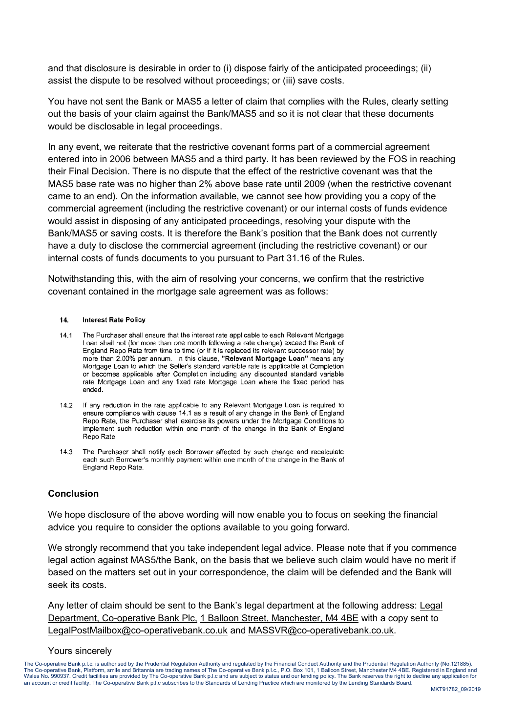 Page 3 of the Bank’s 25 July 2025 letter, including the restrictive covenant wording