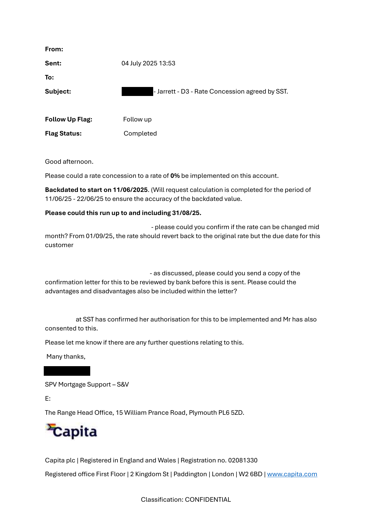 A Capita servicing employee’s internal email of 4 July 2025 requesting the zero rate and recording consent which I dispute; the employee’s name is masked