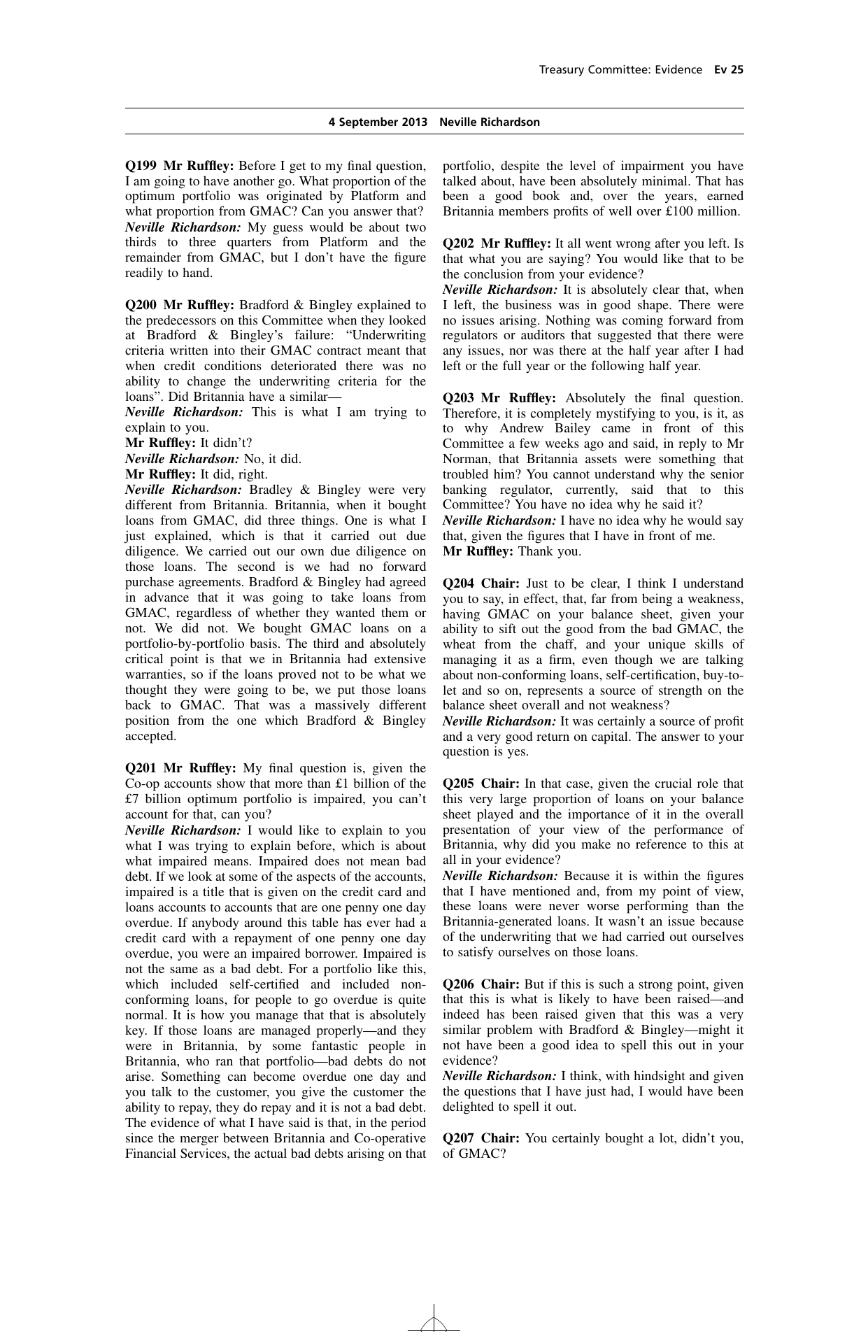 Treasury Committee Project Verde evidence page Ev 25 with Neville Richardson's answers to questions 200 and 201